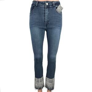 New Julianas Boutique Blue Denim High Rise Rhinestone Fringe Trim Skinny Jeans M